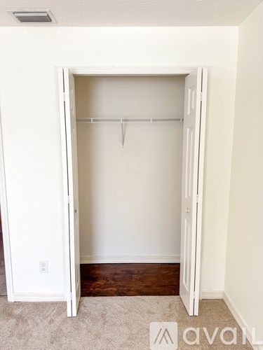 A white closet with a carpeted floor and a white door.