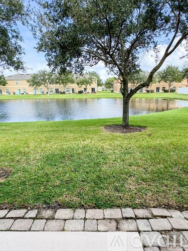 A tree stands alone in a grassy area in front of a body of water.