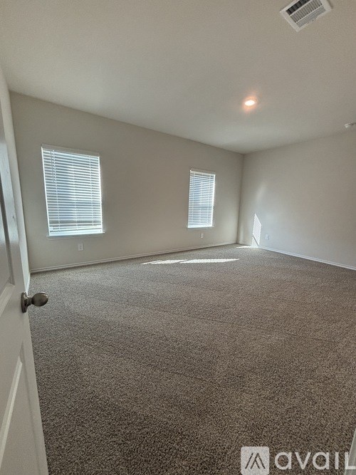 A room with carpeted floor and two windows.