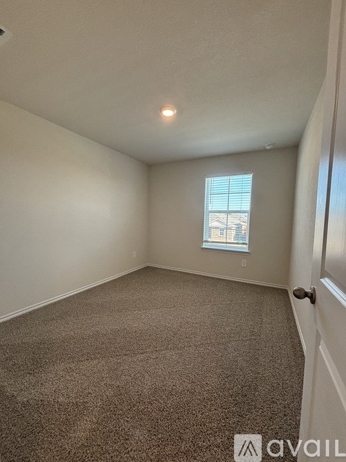 A carpeted room with a window and a door.