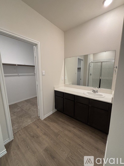 A bathroom with a sink, mirror, and a walk-in shower.