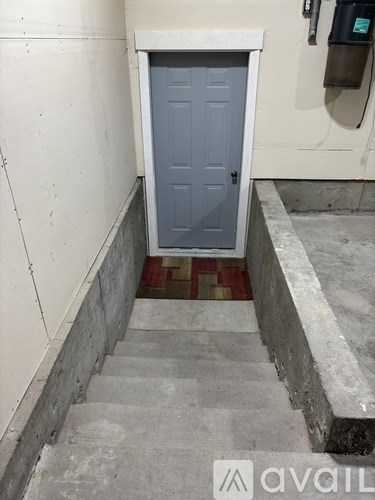A grey door is at the end of a concrete staircase.