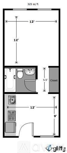 A floor plan of a 325 square foot apartment with a kitchen, living room, and bathroom.