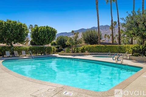 A swimming pool surrounded by palm trees and bushes.
