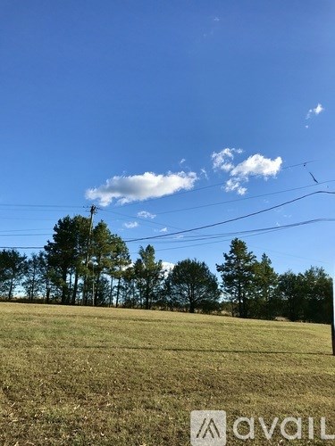 A field with power lines and trees under a blue sky.