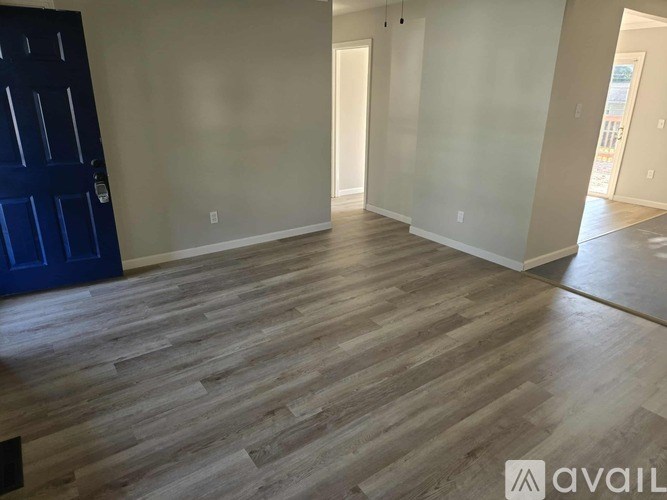 A room with wooden flooring and a blue door.