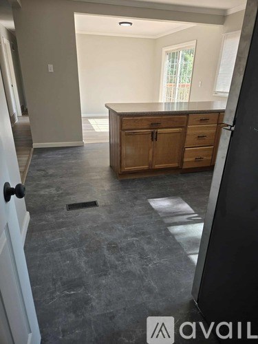 A kitchen with a white door and a counter with wooden cabinets.