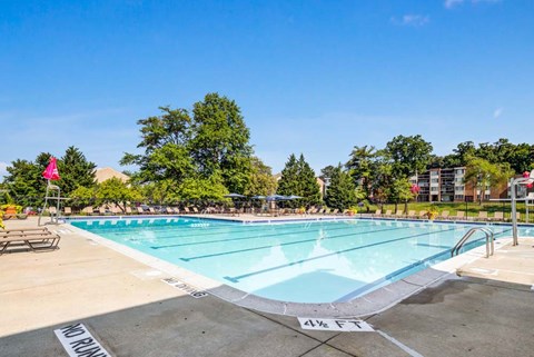 A swimming pool with a clear blue sky above it.