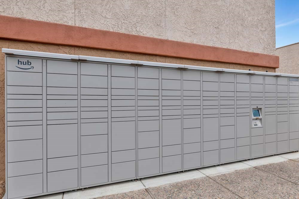 A grey Amazon hub garage door is closed.