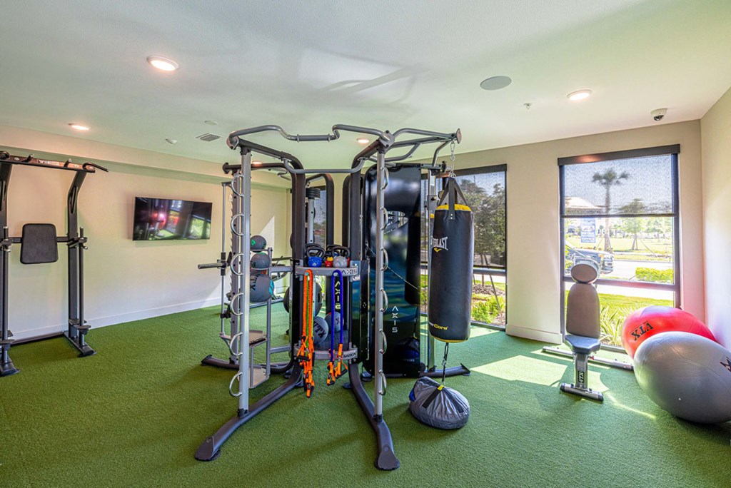 A well equipped gym with a green carpet and a flat screen TV on the wall.