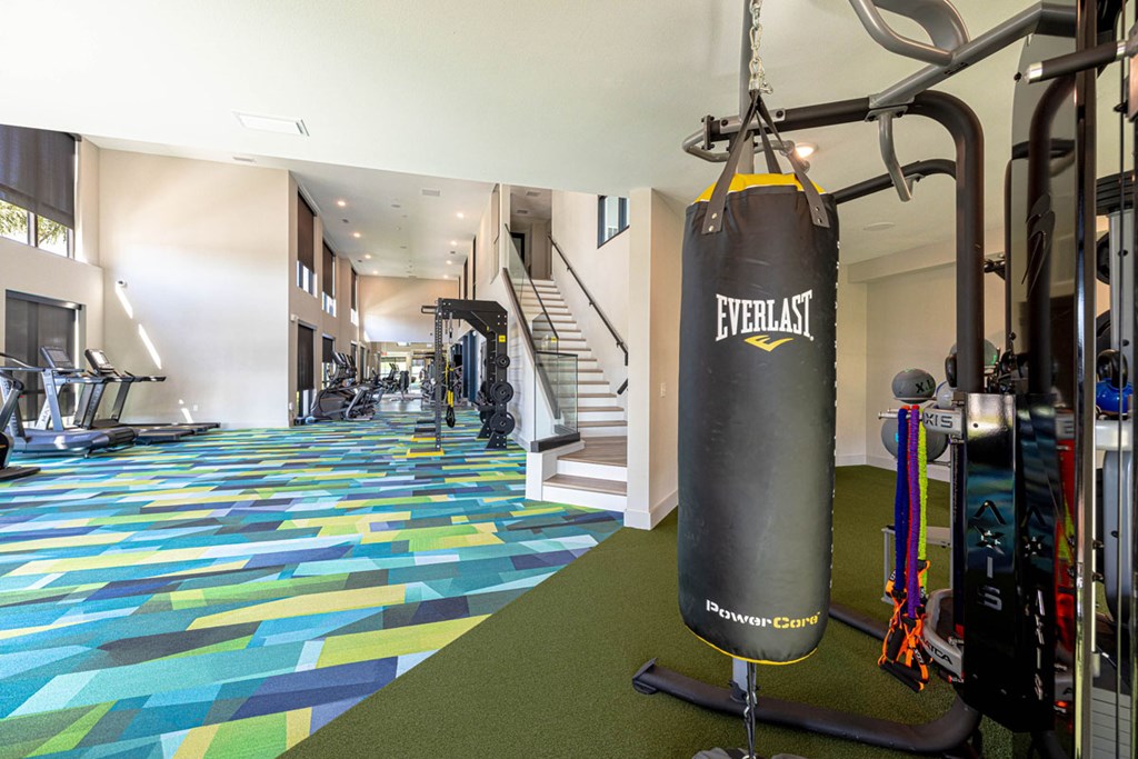 A gym with a punching bag that says Everlast.