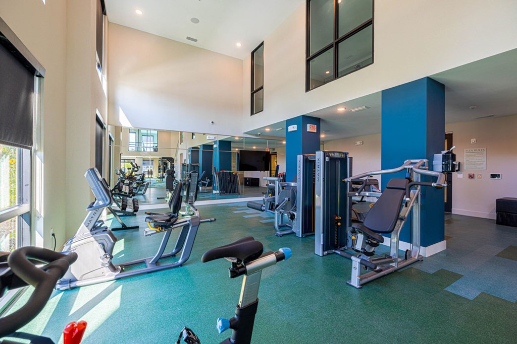 A gym with a variety of equipment including treadmills, stationary bikes, and weight machines.