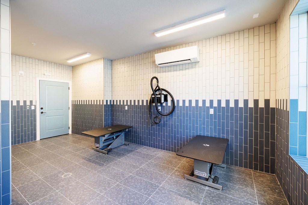 A room with a bench, a table, and a wall-mounted exercise bike.