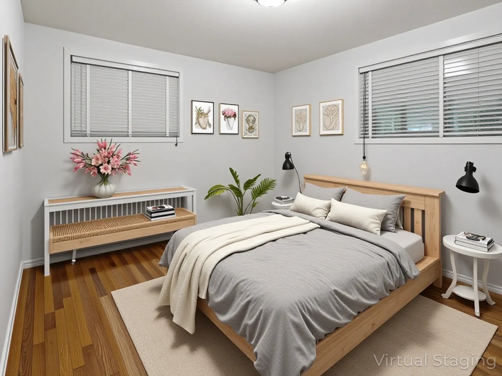 A bedroom with a bed, nightstand, and a plant.