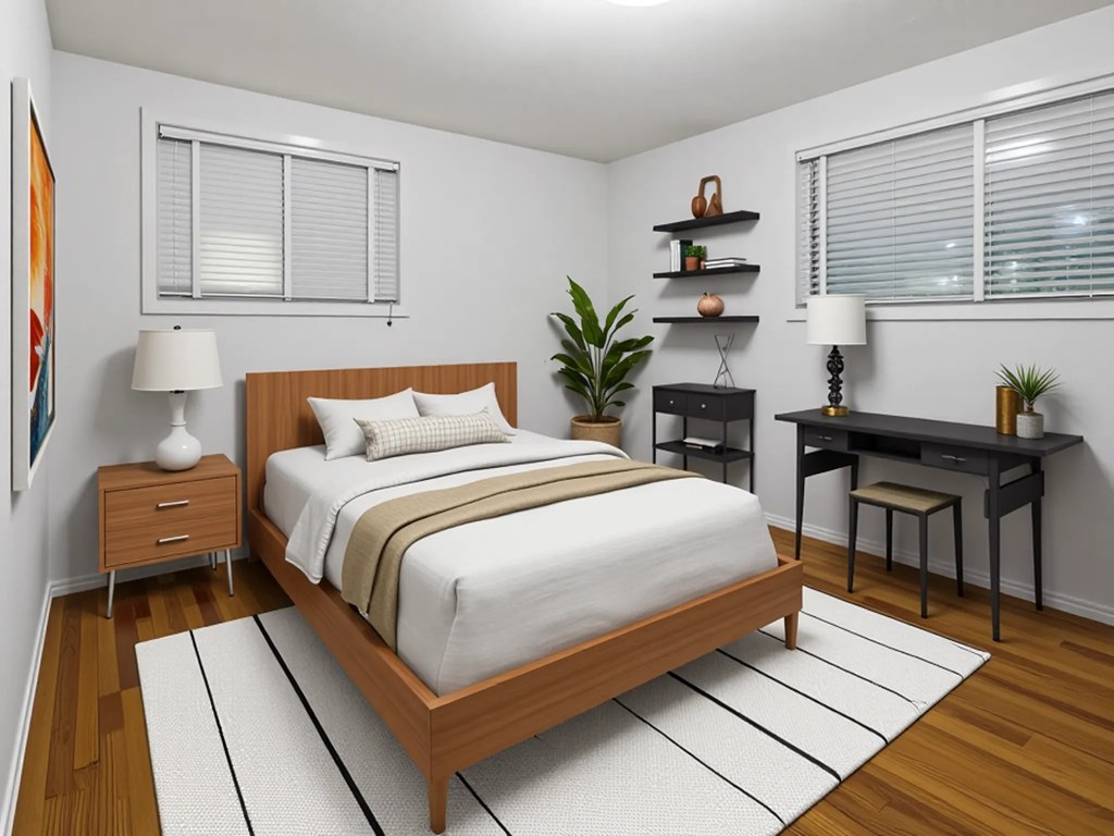 A bedroom with a bed, desk, and chair.