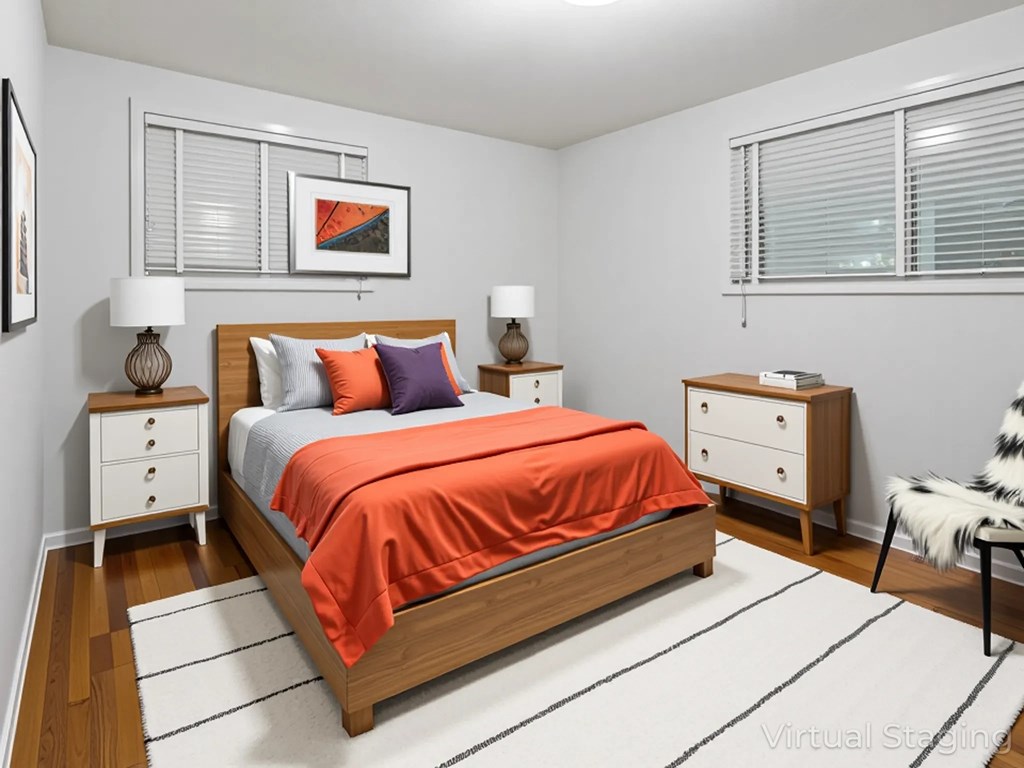 A bedroom with a bed, nightstands, and a chair.