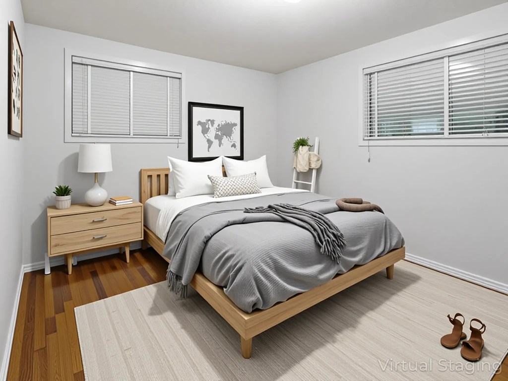 A bedroom with a bed, nightstand, and a rug.