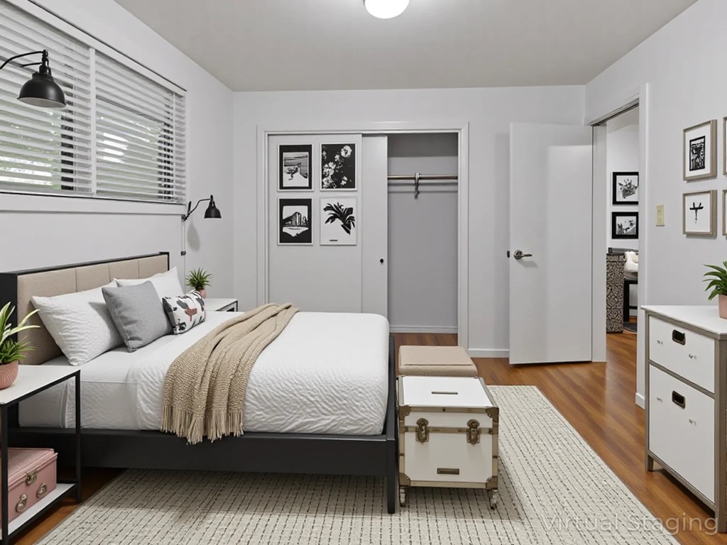 A bedroom with a bed, nightstand, and a cabinet.