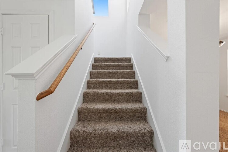 A staircase with a beige carpet and wooden handrails.