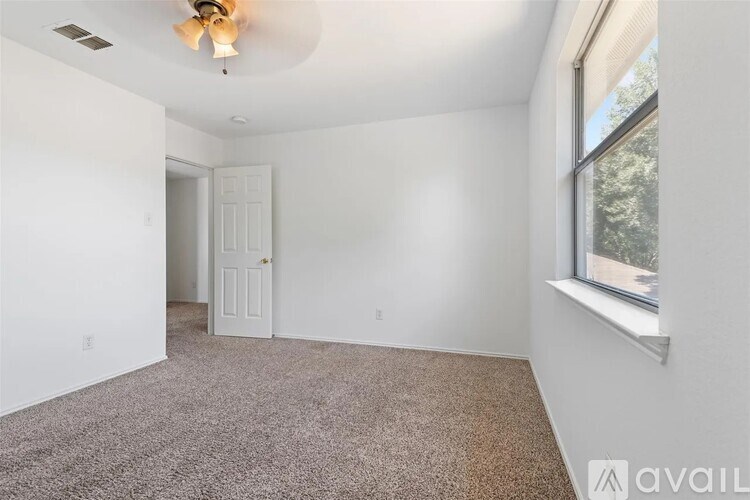 A room with a carpeted floor and a ceiling fan.
