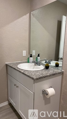 A bathroom sink with a mirror above it.