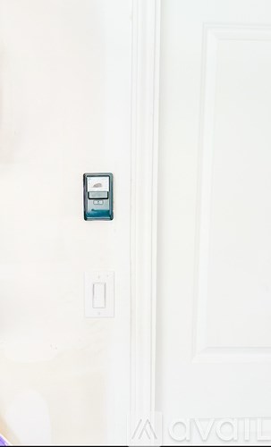 A white door with a light switch and a smart device on the wall.