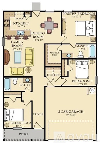 A floor plan of a house with a garage and three bedrooms.