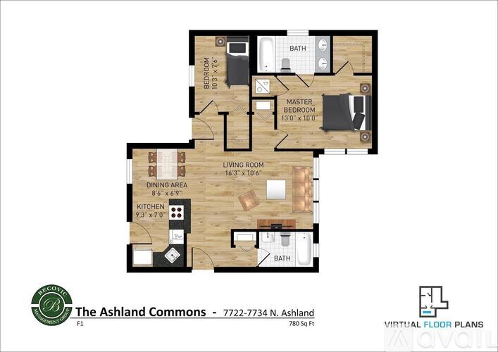 A floor plan of a two-bedroom apartment at The Ashland Commons.