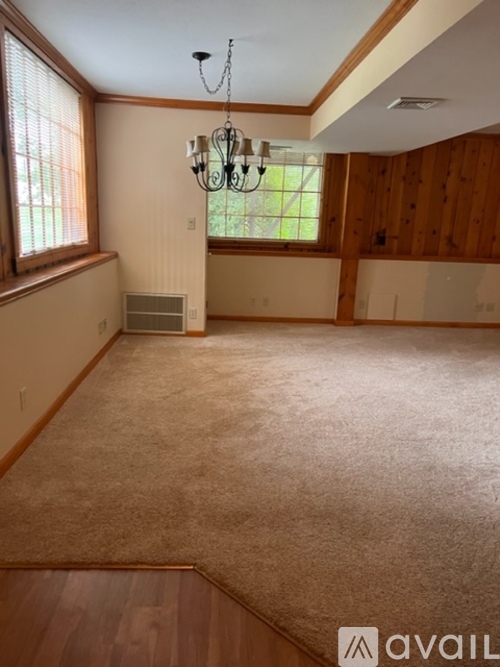 A room with a carpet, wooden walls, and a chandelier.