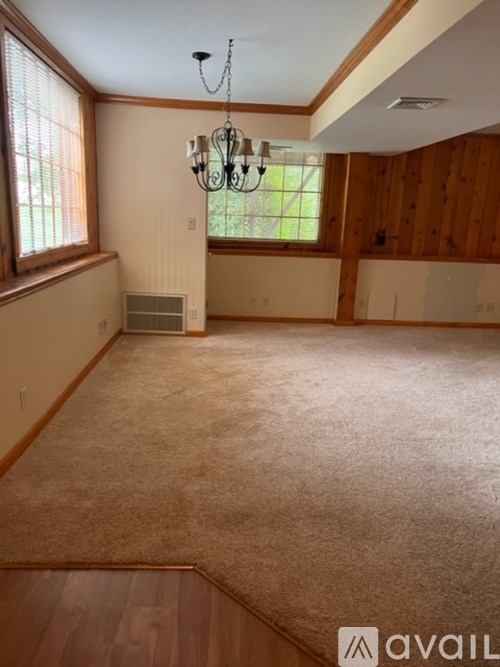 A room with a carpet, wooden walls, and a chandelier.