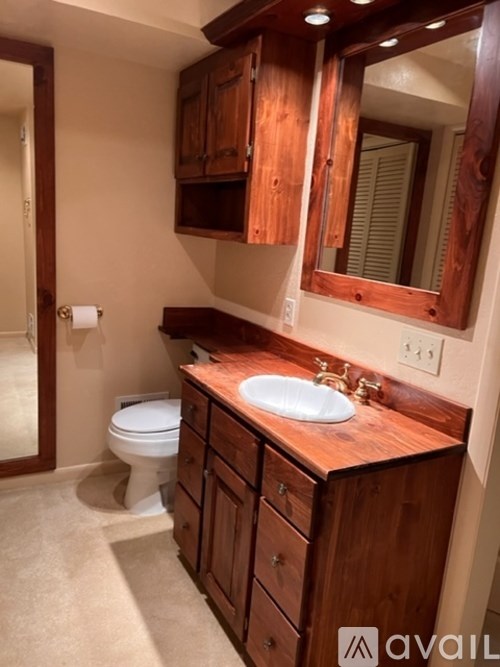 A bathroom with a toilet, sink, and wooden cabinets.
