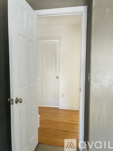 A hallway with a white door and a black door.