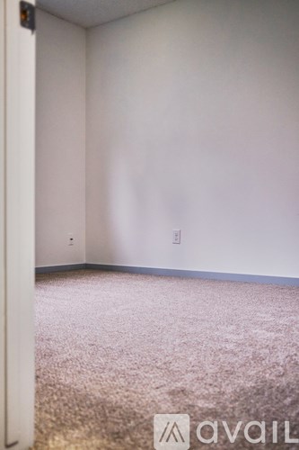 A carpeted room with a door on the left.