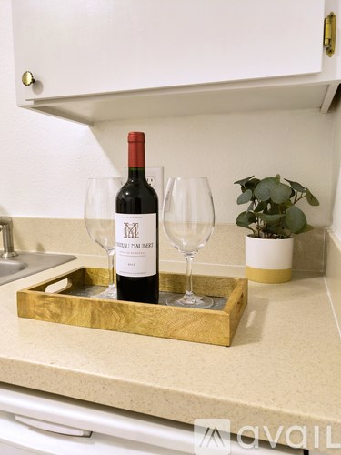A bottle of red wine is on a tray with a glass and a plant.