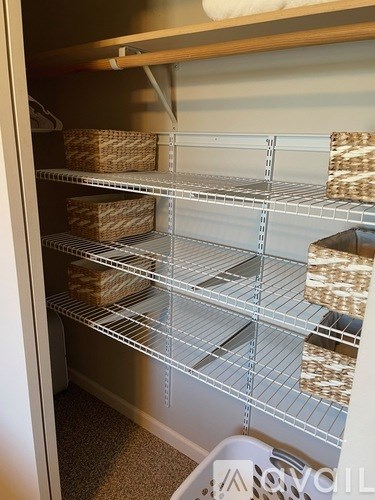 A refrigerator with several baskets on the shelves.
