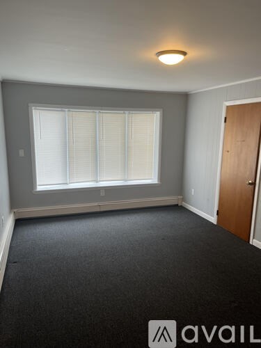 A room with a carpeted floor, a window with blinds, and a wooden door.