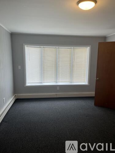 A room with a carpeted floor, a window with blinds, and a closed door.