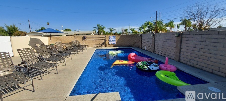 A pool with a blue tinted water and a few inflatable toys floating on it.