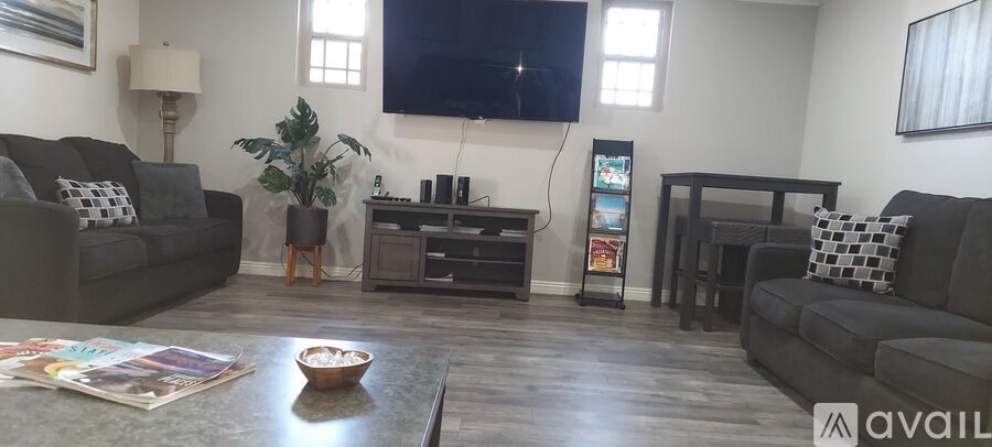 A living room with a grey couch, a coffee table, a plant, a TV, and a wall with a painting.