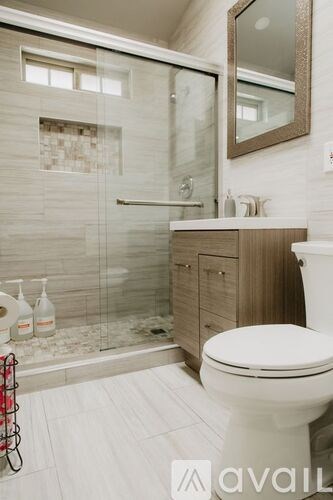 A white toilet sits next to a walk-in shower in a bathroom.