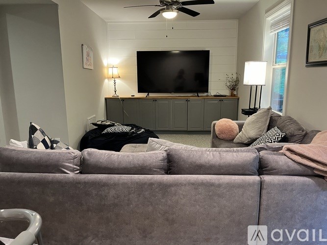 A living room with a grey couch and a black television.