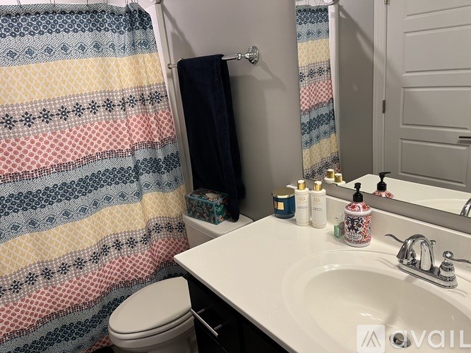 A bathroom with a toilet, sink, and shower curtain.