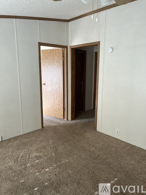A room with a carpeted floor and two open doors.