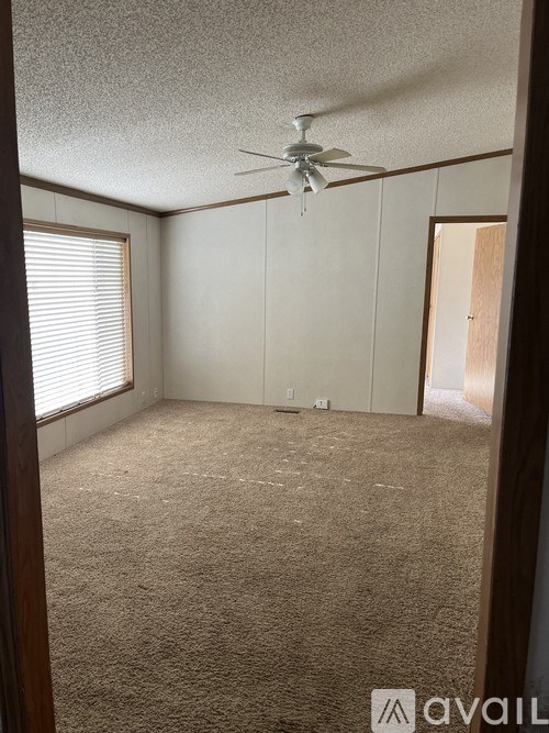 A room with a ceiling fan and carpeted floor.