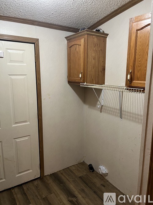 A small room with a door and a shelf with two wooden cabinets.