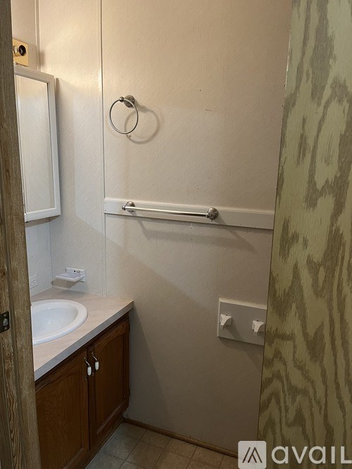 A bathroom with a sink, mirror, and shower.
