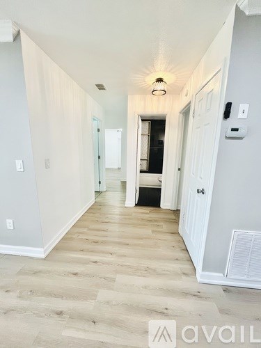 A hallway with a light on the ceiling and a door at the end.