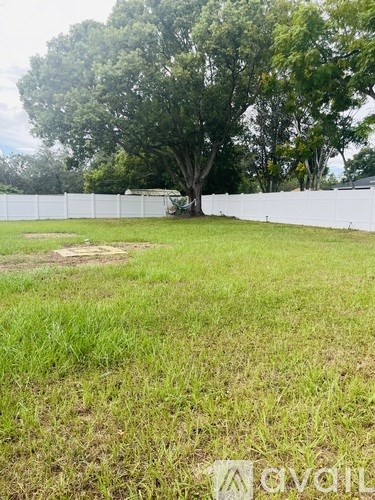 A grassy field with a tree and a white fence.