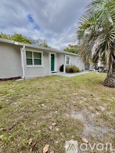 A small house with a green door and a palm tree in front.
