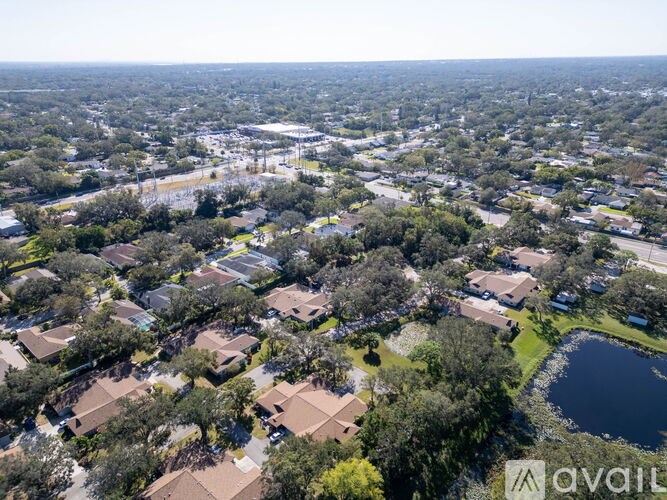 A bird's eye view of a residential area with houses and a lake.